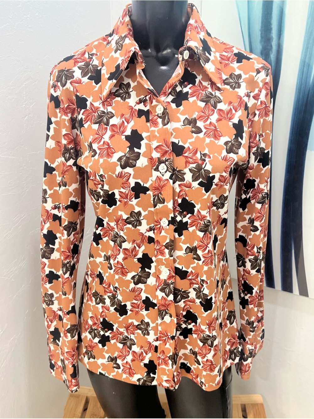 Vtg Womens Small Floral Fall Button-Up Long Sleeve Shirt